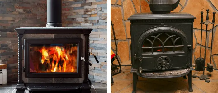 2 wood stoves side by side